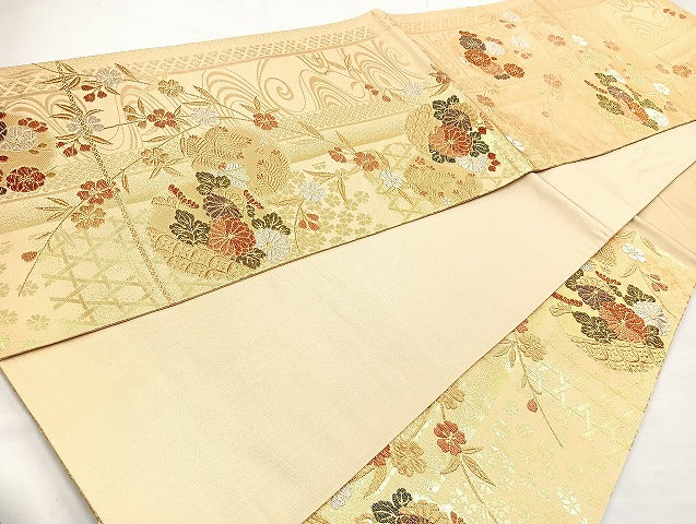 平和屋着物◎六通柄袋帯 流水草花文 金銀糸 正絹 逸品 BAAL6856cm