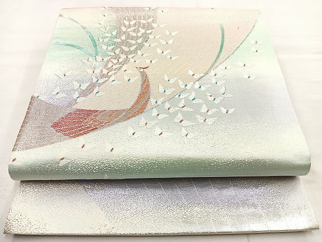 平和屋着物◎六通柄袋帯　唐織　舞蝶孔雀文　銀糸　正絹　逸品　BAAL6860cm