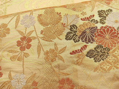 平和屋着物◎六通柄袋帯 流水草花文 金銀糸 正絹 逸品 BAAL6856cm