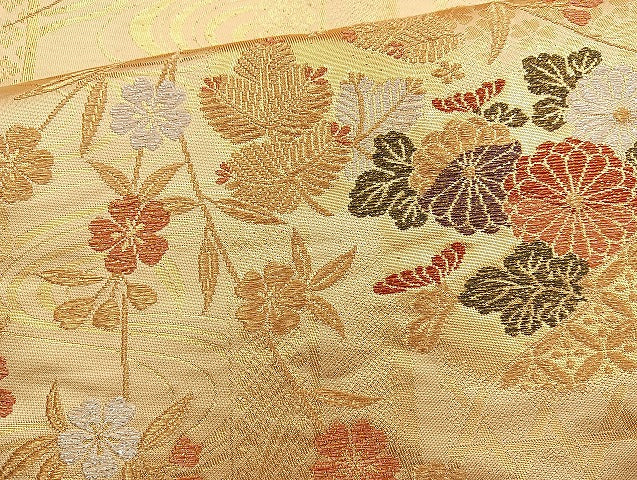 平和屋着物◎六通柄袋帯 流水草花文 金銀糸 正絹 逸品 BAAL6856cm