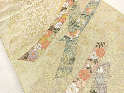 平和屋着物◎六通柄袋帯 唐織 花蝶文 金糸 正絹 逸品 BAAL6896cm
