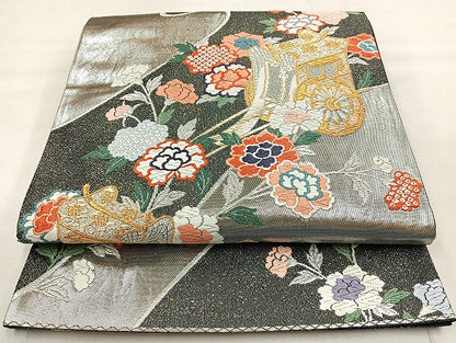 平和屋着物◎六通柄袋帯 唐織 御所車花文 金銀糸 正絹 逸品 BAAL7804cm