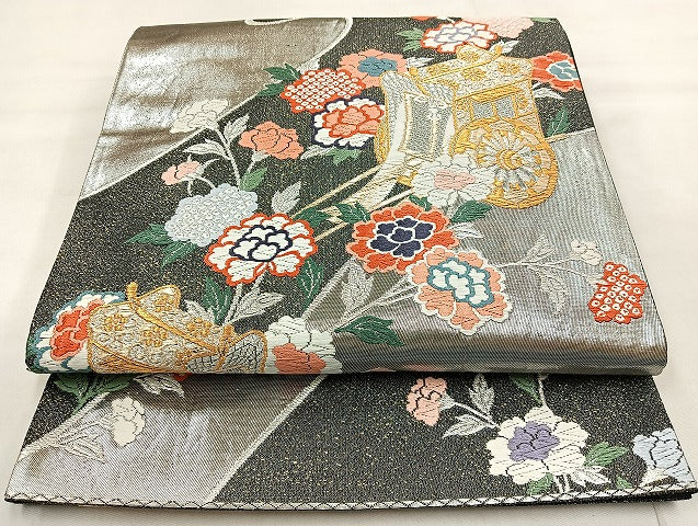 平和屋着物◎六通柄袋帯 唐織 御所車花文 金銀糸 正絹 逸品 BAAL7804cm