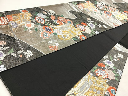 平和屋着物◎六通柄袋帯 唐織 御所車花文 金銀糸 正絹 逸品 BAAL7804cm