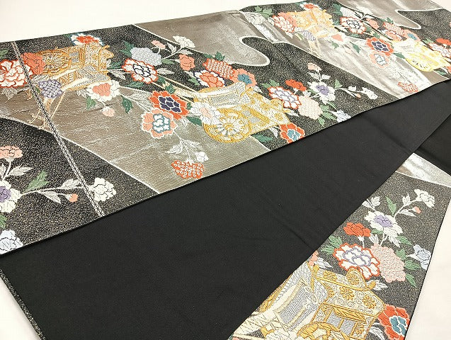 平和屋着物◎六通柄袋帯 唐織 御所車花文 金銀糸 正絹 逸品 BAAL7804cm