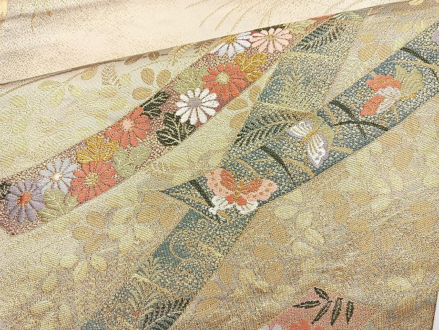 平和屋着物◎六通柄袋帯 唐織 花蝶文 金糸 正絹 逸品 BAAL6896cm
