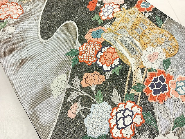 平和屋着物◎六通柄袋帯 唐織 御所車花文 金銀糸 正絹 逸品 BAAL7804cm