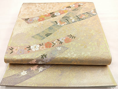 平和屋着物◎六通柄袋帯 唐織 花蝶文 金糸 正絹 逸品 BAAL6896cm