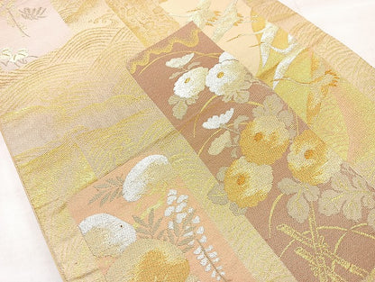 平和屋着物◎六通柄袋帯 短冊飛鶴花文 金銀糸 正絹 逸品 BAAL7802cm