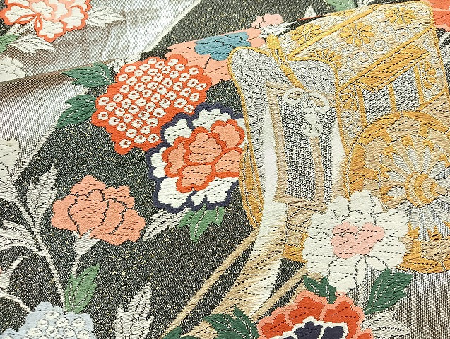平和屋着物◎六通柄袋帯 唐織 御所車花文 金銀糸 正絹 逸品 BAAL7804cm