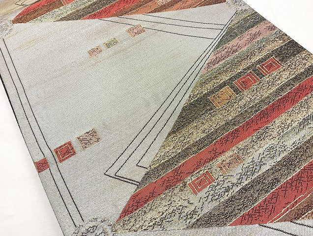 平和屋着物◎六通柄袋帯 幾何学文様 金糸 引箔 正絹 逸品 BAAL6887cm