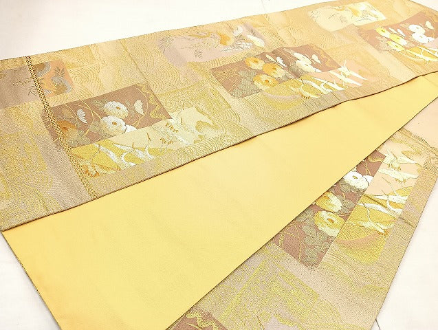 平和屋着物◎六通柄袋帯 短冊飛鶴花文 金銀糸 正絹 逸品 BAAL7802cm