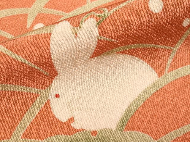 平和屋本店●極上 人形作家・ホリヒロシ 付下げ 雪芝 兎 鬼しぼ縮緬 煉瓦色地 逸品 CYAA1050s5
