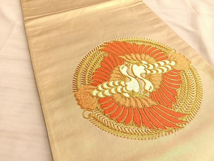 平和屋着物●太鼓柄袋帯 総刺繍 駒刺繍 向い鳳凰 金糸 正絹 逸品 BAAL0620du