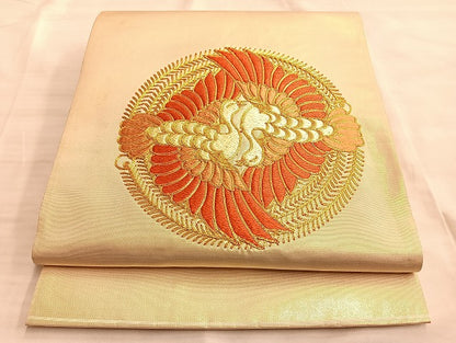 平和屋着物●太鼓柄袋帯 総刺繍 駒刺繍 向い鳳凰 金糸 正絹 逸品 BAAL0620du