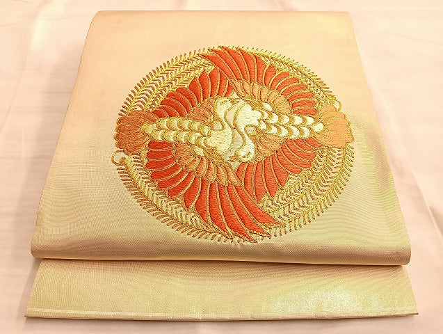 平和屋着物●太鼓柄袋帯 総刺繍 駒刺繍 向い鳳凰 金糸 正絹 逸品 BAAL0620du