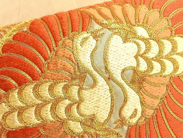 平和屋着物●太鼓柄袋帯 総刺繍 駒刺繍 向い鳳凰 金糸 正絹 逸品 BAAL0620du