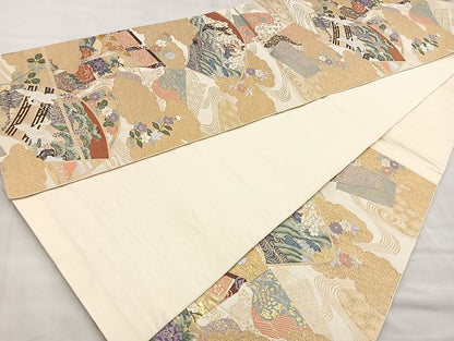 平和屋着物●六通柄袋帯 唐織 雲取り扇面双鶴図 金糸 正絹 逸品 BAAL6151ea