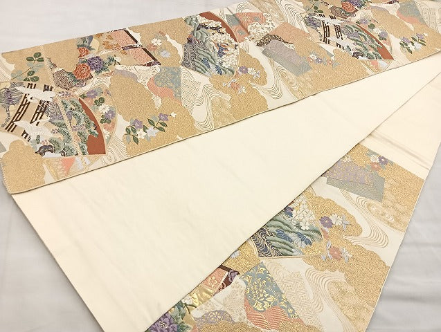 平和屋着物●六通柄袋帯 唐織 雲取り扇面双鶴図 金糸 正絹 逸品 BAAL6151ea
