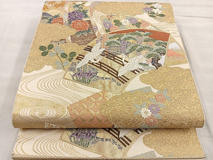 平和屋着物●六通柄袋帯 唐織 雲取り扇面双鶴図 金糸 正絹 逸品 BAAL6151ea