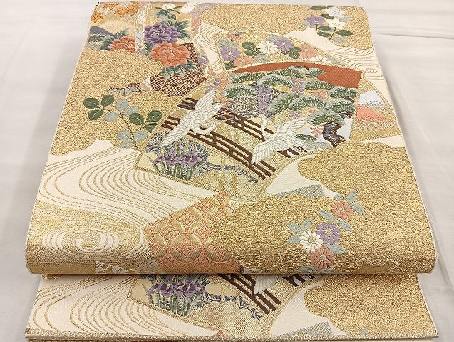 平和屋着物●六通柄袋帯 唐織 雲取り扇面双鶴図 金糸 正絹 逸品 BAAL6151ea