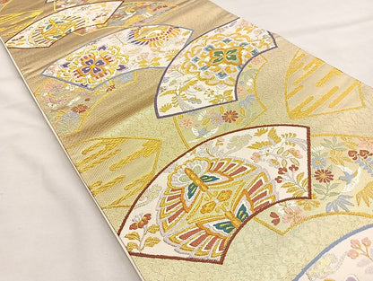 平和屋着物●六通柄袋帯 唐織 地紙重ね向い鳥花文 金糸 正絹 逸品 BAAL6133ea