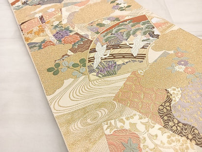 平和屋着物●六通柄袋帯 唐織 雲取り扇面双鶴図 金糸 正絹 逸品 BAAL6151ea