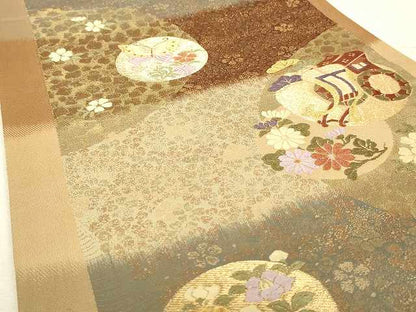 平和屋着物◎六通柄袋帯 唐織 御所車花蝶文 金糸 正絹 逸品 AAAM4181sg