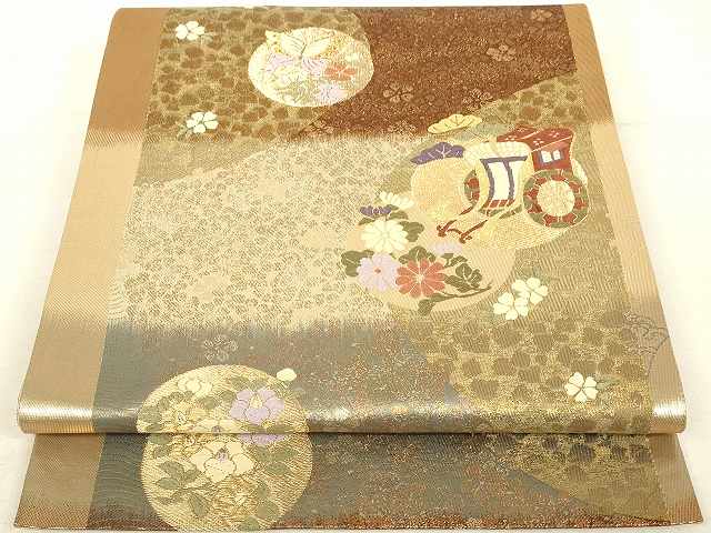 平和屋着物◎六通柄袋帯 唐織 御所車花蝶文 金糸 正絹 逸品 AAAM4181sg