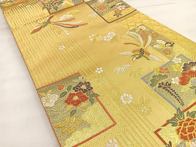 平和屋着物●六通柄袋帯 唐織 色紙重ね花鳥文 金糸 正絹 逸品 BAAM1458ea