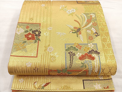 平和屋着物●六通柄袋帯 唐織 色紙重ね花鳥文 金糸 正絹 逸品 BAAM1458ea