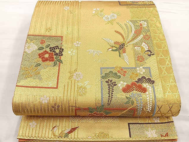 平和屋着物●六通柄袋帯 唐織 色紙重ね花鳥文 金糸 正絹 逸品 BAAM1458ea
