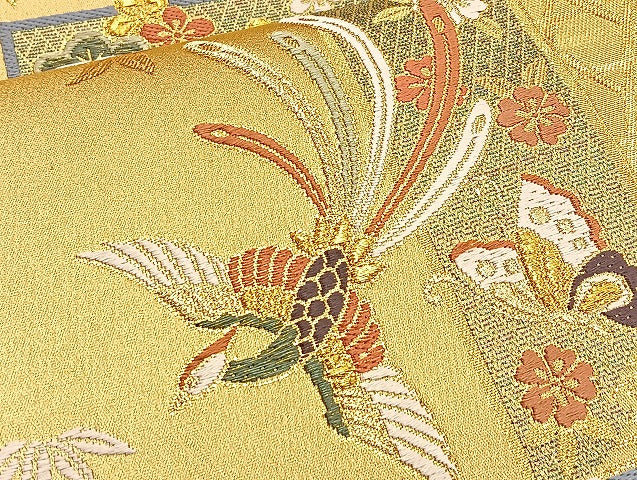 平和屋着物●六通柄袋帯 唐織 色紙重ね花鳥文 金糸 正絹 逸品 BAAM1458ea
