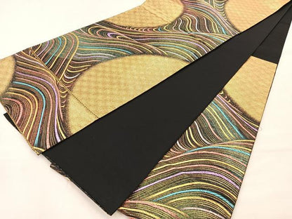 平和屋着物◎六通柄袋帯 青海波彩文 黒地 金糸 正絹 逸品 BAAM0002if