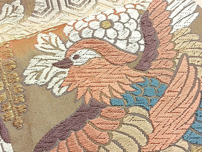 平和屋着物●六通柄袋帯 唐織錦 鴛鴦松菊文 金銀糸 正絹 逸品 BAAM4237ab