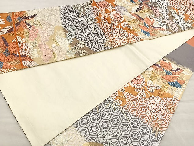平和屋着物●六通柄袋帯 唐織錦 鴛鴦松菊文 金銀糸 正絹 逸品 BAAM4237ab