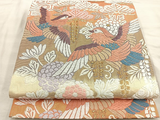 平和屋着物●六通柄袋帯 唐織錦 鴛鴦松菊文 金銀糸 正絹 逸品 BAAM4237ab