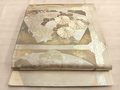 平和屋着物◎太鼓柄袋帯 地紙草花文 銀彩 正絹 逸品 BAAL2126du