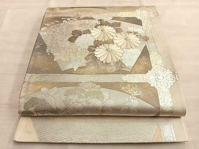 平和屋着物◎太鼓柄袋帯 地紙草花文 銀彩 正絹 逸品 BAAL2126du