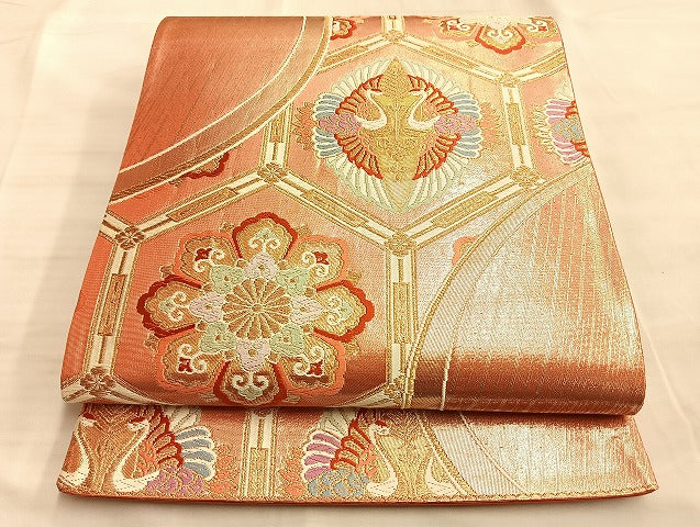 平和屋着物◎六通柄袋帯 唐織 向鶴亀甲正倉院 金糸 正絹 逸品 BAAL2139du