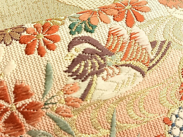 平和屋着物◎六通柄袋帯 唐織 彩綴 鴛鴦花蝶文 金銀糸 正絹 逸品 BAAL2240du