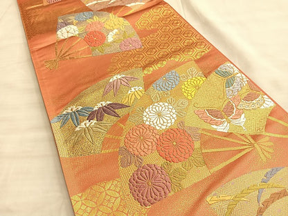 平和屋着物◎六通柄袋帯 唐織 扇面花蝶文 金糸 正絹 逸品 BAAL2264du