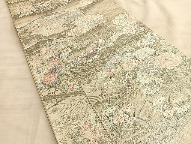 平和屋着物◎六通柄袋帯 唐織 王朝秀花文 九百プラチナ箔 正絹 逸品 BAAL2245du