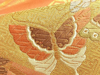 平和屋着物◎六通柄袋帯 唐織 扇面花蝶文 金糸 正絹 逸品 BAAL2264du