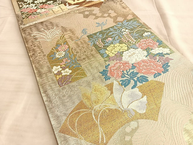 平和屋着物◎六通柄袋帯 唐織 舞蝶花唐草文 金銀糸 正絹 逸品 BAAL2252du