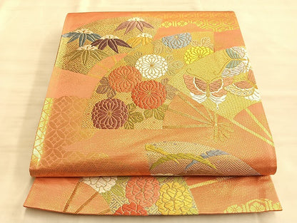 平和屋着物◎六通柄袋帯 唐織 扇面花蝶文 金糸 正絹 逸品 BAAL2264du