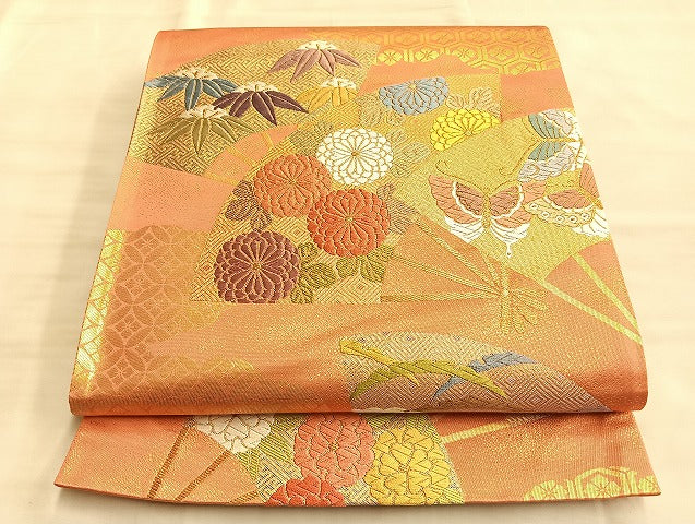 平和屋着物◎六通柄袋帯 唐織 扇面花蝶文 金糸 正絹 逸品 BAAL2264du