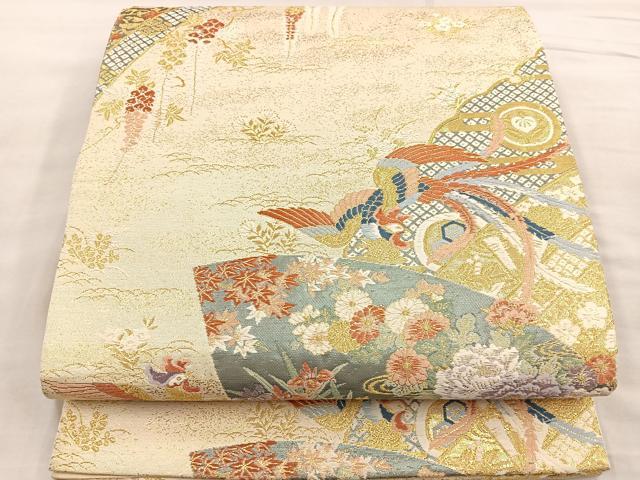 平和屋着物●六通柄袋帯　麗華扇面錦　金糸　正絹　逸品　BAAM2773ea