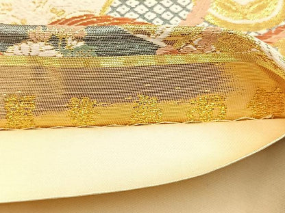 平和屋着物●六通柄袋帯　麗華扇面錦　金糸　正絹　逸品　BAAM2773ea