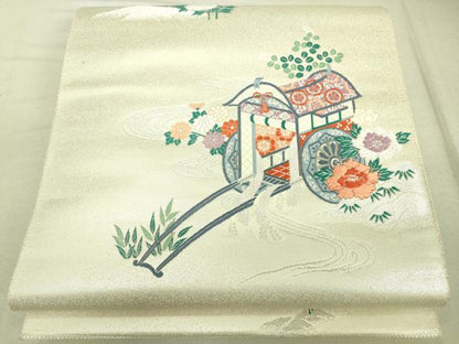 平和屋着物◎西陣 岡文織物謹製 六通柄袋帯 唐織 九百錦 鴛鴦花文 プラチナ摺箔二重織 証紙付き 正絹 逸品 DAAK5802re